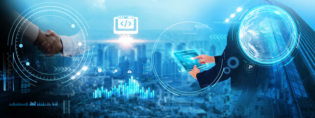 Web Development: Businessman analyzing technological data and growth, website performance, user...