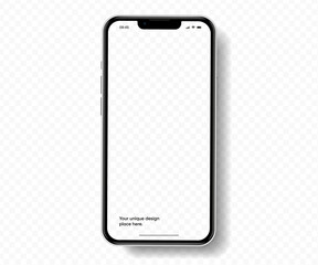 Realistic smartphone mockup. Mobile phone vector with isolated on white background. Device front view. 3D mobile phone with shadow. Realistic, high quality smart phone mockup for ui ux presentation.
