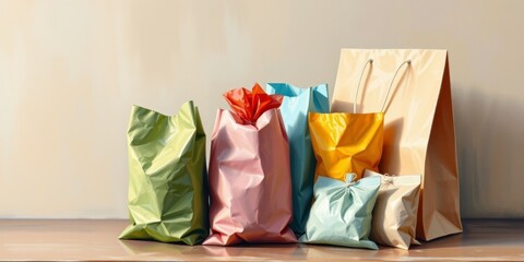 Silhouette sculpture clay art depicting various colorful paper bags and sachets