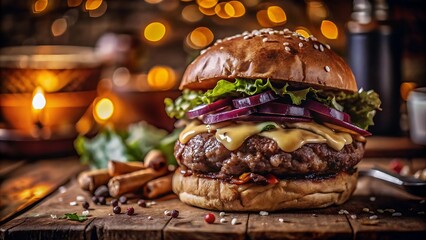 Extreme closeup shot of a juicy delicious burger