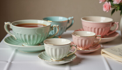 Fototapeta premium Vintage tea cups and pot arranged delicately on a table 