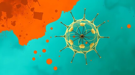 Abstracted Virus: a visually engaging abstract depiction of a virus structure, floating against a vibrant and dynamic backdrop that evokes a sense of movement and complexity.