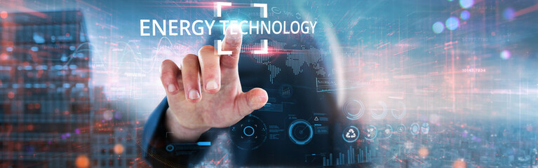 Energy Technology: Businessman touches futuristic data and global network, renewable energy, smart grids, power optimization, energy storage, sustainability solutions, and efficiency monitoring.