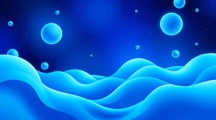 Fototapeta premium Cosmic Waves and Spheres: A mesmerizing artistic view of abstract waves and floating spheres in gradient of vibrant blue, evoking a sense of wonder and otherworldly beauty