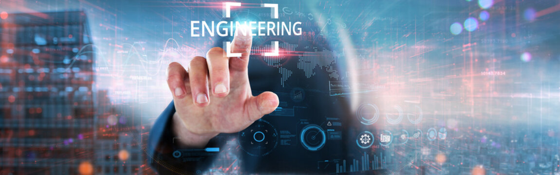 Engineering: Businessman touches futuristic data and global network, design innovation, project management, system optimization, process automation, technical solutions, and structural analysis.