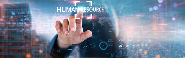 Human Resource: Businessman touches futuristic data and global network, employee management, talent acquisition, performance tracking, workforce analytics, recruitment strategies