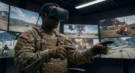 Man in military uniform wearing VR headset for combat simulation training. Soldier playing virtual reality tactical game with interactive visualization of war experience.