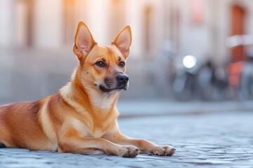 Relaxed dog resting on cobblestone street, warm sunlight creatin