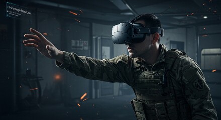 Man training using futuristic augmented reality headset for hostage rescouu, virtual environment and military application, high tech simulation for army