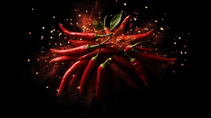 Red chili peppers and powder explosion on black background.