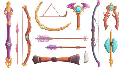 Fantasy bows set isolated on black background. Vector cartoon illustration of magic weapons with wooden, golden, silver handle decorated with gemstones, medieval crossbows, hunting tools, game props