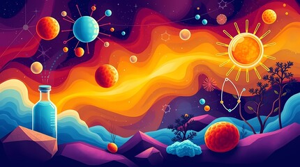 Obraz premium Cosmic Laboratory: An abstract, artistic representation of a cosmic laboratory, where celestial bodies and scientific elements converge in a vibrant display of colors and forms.