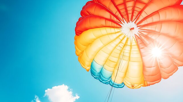 Colorful parachute soaring against a vibrant blue sky