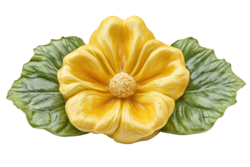 A radiant yellow bloom embraces lush green leaves symbolizing growth renewal against a stark black backdrop with detailed texture and high contrast view