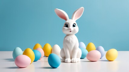Obraz premium A white rabbit sitting in front of a group of colorful eggs.