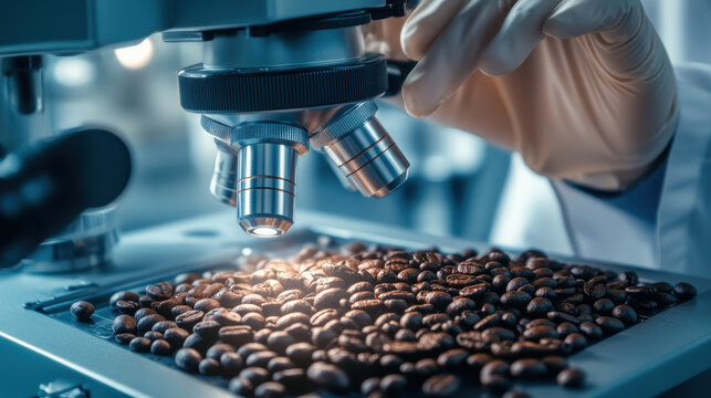 Scientist analyzing coffee beans under microscope with precision