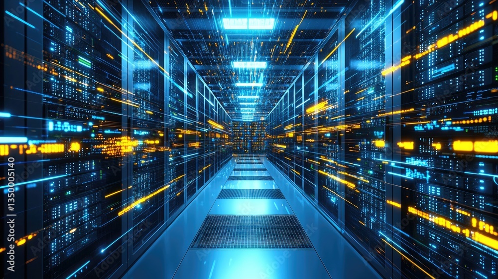 Fototapete a futuristic data center with glowing blue and yellow lights, symbolizing high-speed digital communi