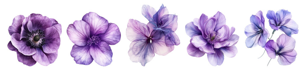 Beautiful Blooming Purple Flowers with Delicate Petals and Colors, PNG bundle collection, Isolated on Transparent Background