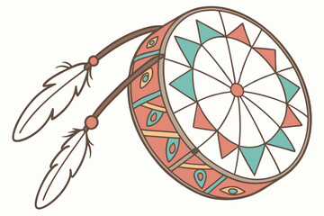 Obraz premium 1 Watercolor painting, Native American drum, circular frame drum, colorful geometric patterns, turquoise and coral tassels, hand-painted design, soft pastel hues, traditional indigenous instrument, de