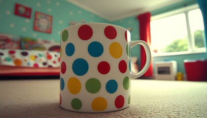 Colorful polka dot mug in child's bedroom.