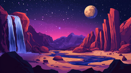 Fototapeta premium Alien planet with waterfall and desert river. Vector cartoon illustration of sandy landscape, water flowing from rocky mountain against night sky with moon and stars. Cosmic game background design