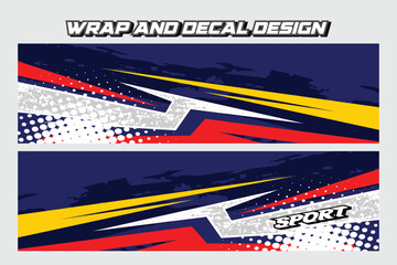 Sport car wrap decal design and vehicle livery background navy blue  in yellow and red color Vector template EPS 10
