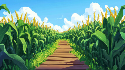 Parallax background cornfield with wooden road pointers and high green plant stems. Cartoon scenery nature 2d landscape with separated layers for game scene. Labyrinth, maze scene Vector illustration