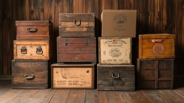 Wooden crates stacked in a rustic room background suitable to your brand and more