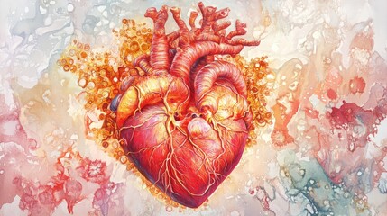 Naklejka premium Red anatomical heart of intricate gold chrome steampunk glowing coral crystal 