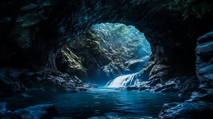 A small waterfall flowing into a cave