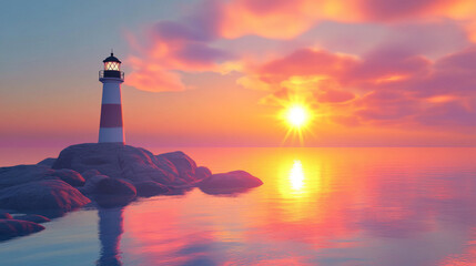 Fototapeta premium Old lighthouse against sunset background. Vector cartoon illustration of sea beacon building on rocky island shore, sun going down on horizon, dawn sky reflection on tranquil water surface, seascape