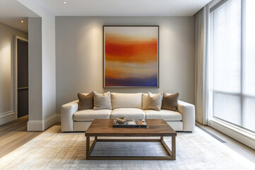 Fototapeta premium A stylish living room interior, featuring a comfortable sofa, a wooden coffee table, and a large piece of abstract art. The room is bathed in natural light streaming in through the window.