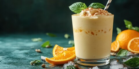 Delicious orange smoothie served in a glass with mint leaves and fresh oranges on a textured table
