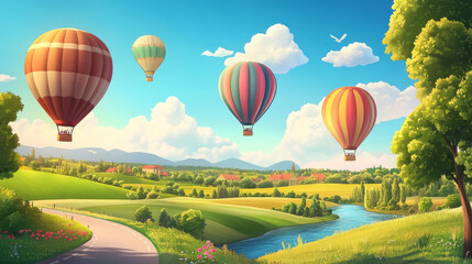 Fototapeta premium Summer landscape with flying hot air balloons, green fields, river and road. Vector cartoon illustration of countryside with colorful airships with baskets fly over meadows and grassland on hills