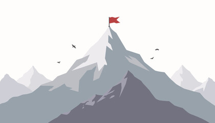 Mountain Peak with Flag Against Minimalistic Background  