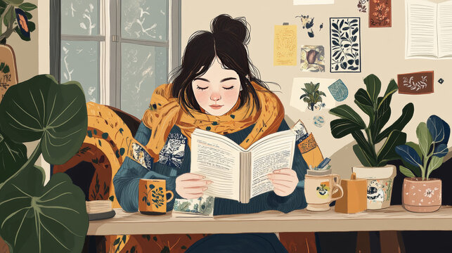 Love reading stickers pack, books pile, scarf, woman face and hands with open textbook. Table lamp, tea cup, potted plant, rowan berry and coffee mug patches design elements, Vector illustration