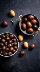 A bowl of chocolates and a bowl of eggs on a dark surface.