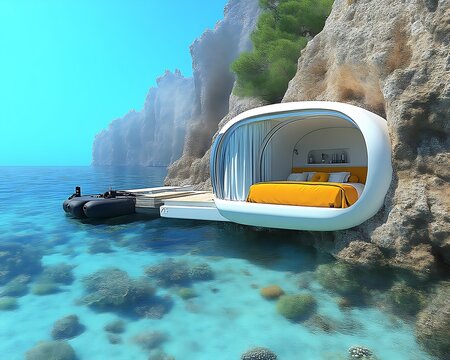 Futuristic oceanfront bedroom in cliffside cave.