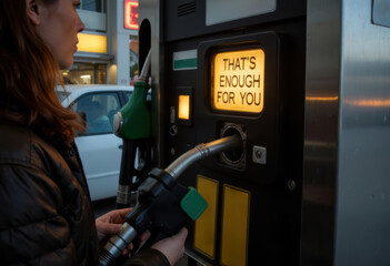 A person refueling their vehicle at a gas station with a humorous message