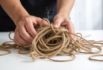 Hands untangling a messy bundle of natural jute rope on a table
