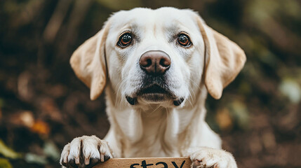 Dog holding a sign that says stay in a sunny outdoor setting surrounded by green grass and bright sunlight for training demonstration.