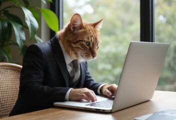 A cat with a human body in a suit working on a laptop at a desk