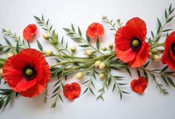 Vibrant red poppy flowers arranged elegantly with green leaves