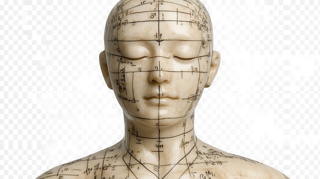 Acupuncture head model with meridian lines.