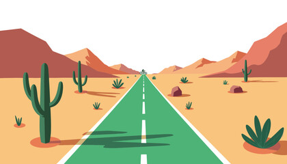 Desert road with cacti leading into the horizon in a flat style  