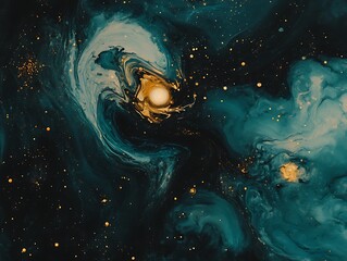 Fototapeta premium Celestial watercolor expanse with turquoise and gold accents artwork