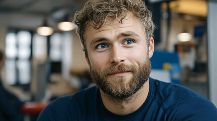Bearded man smiling in a bright and inviting living room creating a warm atmosphere filled with comfort and positivity in home setting.