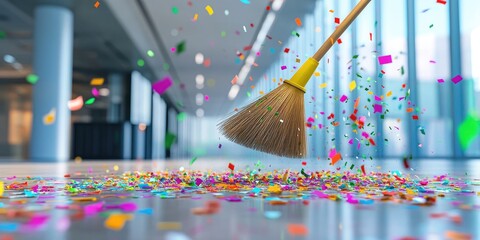 A broom sweeping up colorful confetti on the floor of an industrial building, symbolizing cleaning and clarity in business growth.