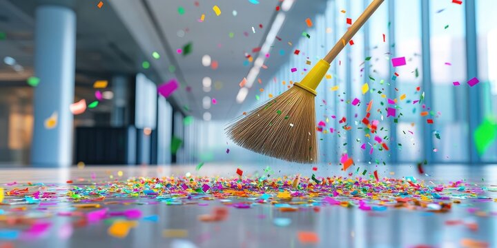 A broom sweeping up colorful confetti on the floor of an industrial building, symbolizing cleaning and clarity in business growth.