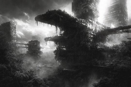 Ruinas cubiertas de vegetaci&oacute;n en un paisaje urbano abandonado, con edificios altos en la distancia bajo un cielo brumoso.